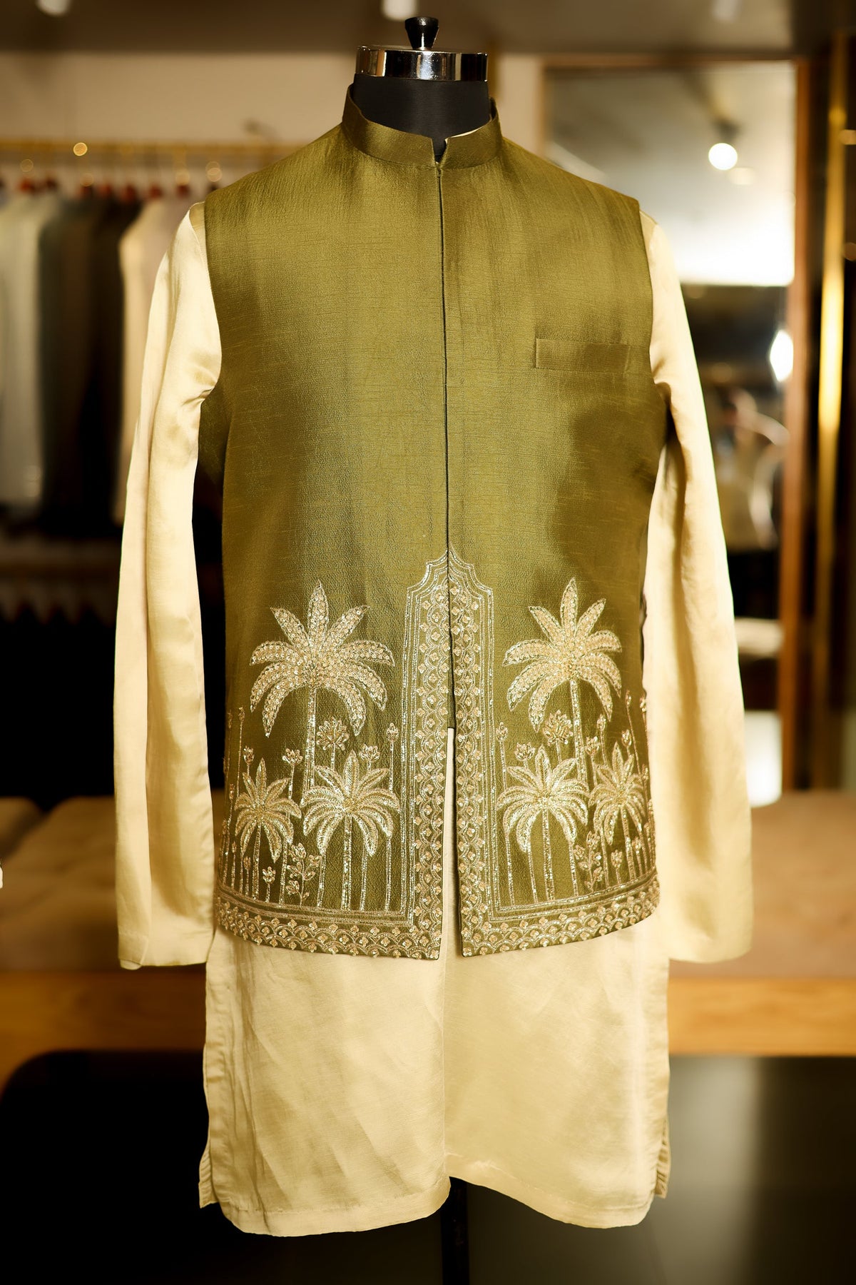 Olive Green Modal Silk Kurta Set with Zardosi Cutdana Worked Jacket