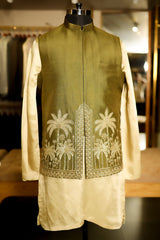 Olive Green Modal Silk Kurta Set with Zardosi Cutdana Worked Jacket
