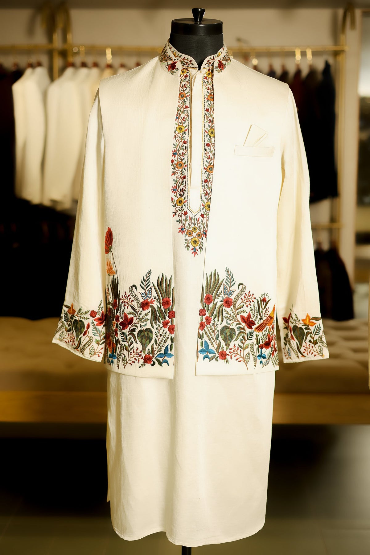 Ivory Beige Silk Kurta Set with Resham Embroidery