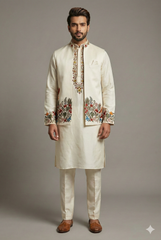 Ivory Beige Silk Kurta Set with Resham Embroidery