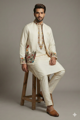 Ivory Beige Silk Kurta Set with Resham Embroidery