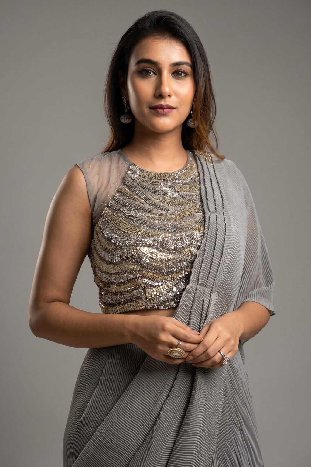 Grey Silk Heat Pleated Pre Stitched Fancy Saree