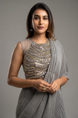 Grey Silk Heat Pleated Pre Stitched Fancy Saree