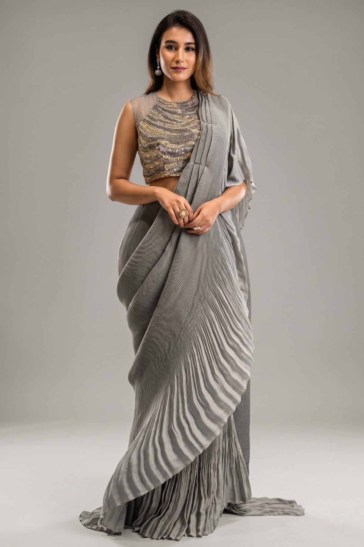 Grey Silk Heat Pleated Pre Stitched Fancy Saree