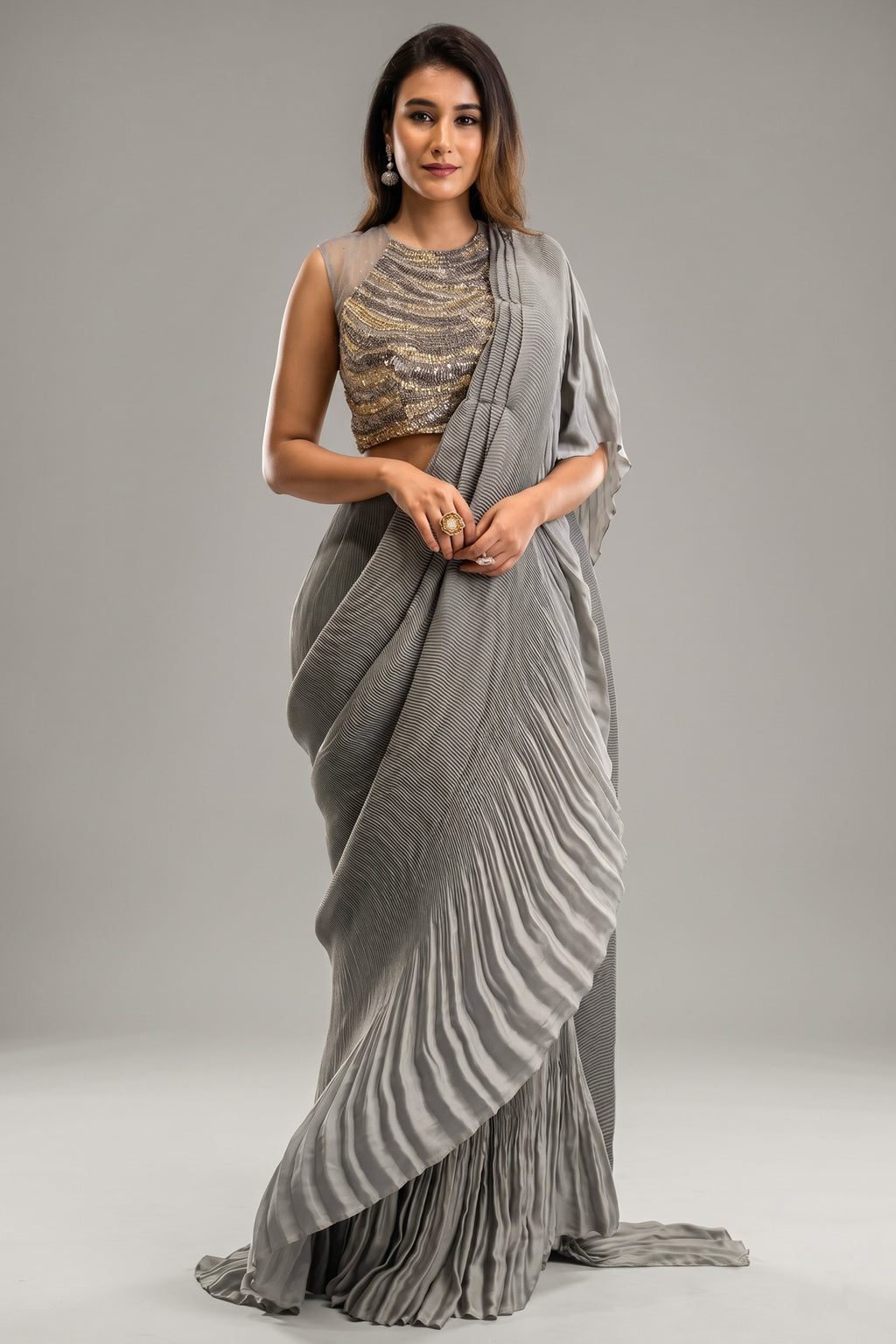 Grey Silk Heat Pleated Pre Stitched Fancy Saree