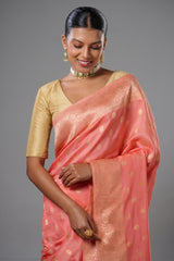 Flamingo Pink Woven Butti Saree in Muga Silk with Elephant and Peacock Motifs