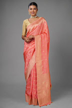 Flamingo Pink Woven Butti Saree in Muga Silk with Elephant and Peacock Motifs