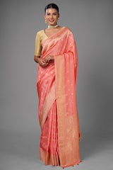 Flamingo Pink Woven Butti Saree in Muga Silk with Elephant and Peacock Motifs