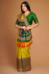 Olive Green Silk Broad Embroidered Border Saree with Tassels