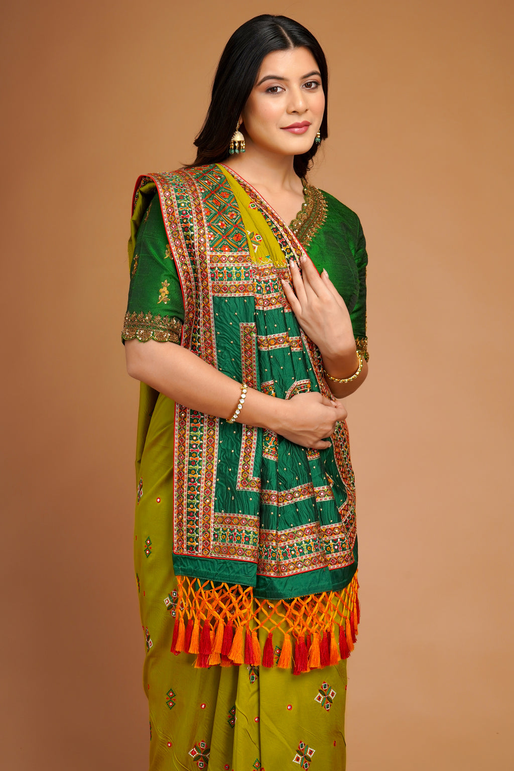 Olive Green Silk Broad Embroidered Border Saree with Tassels