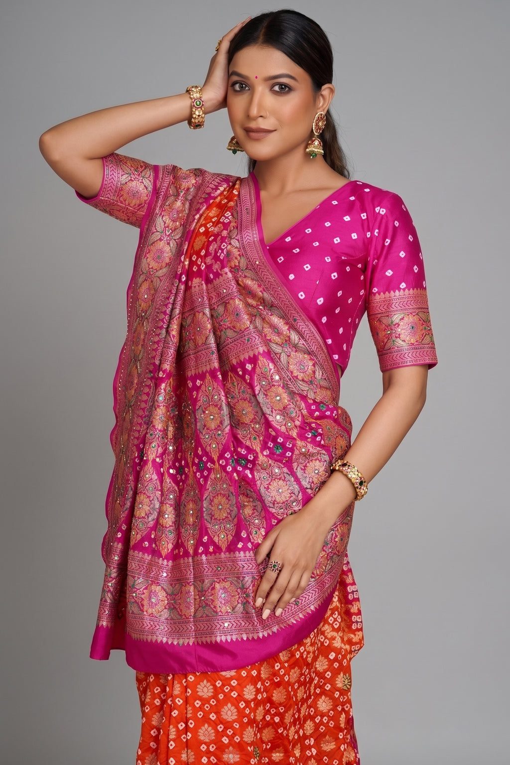 Rani Pink and Orange Bandhej Print Saree in Silk with Contrast Embroidery