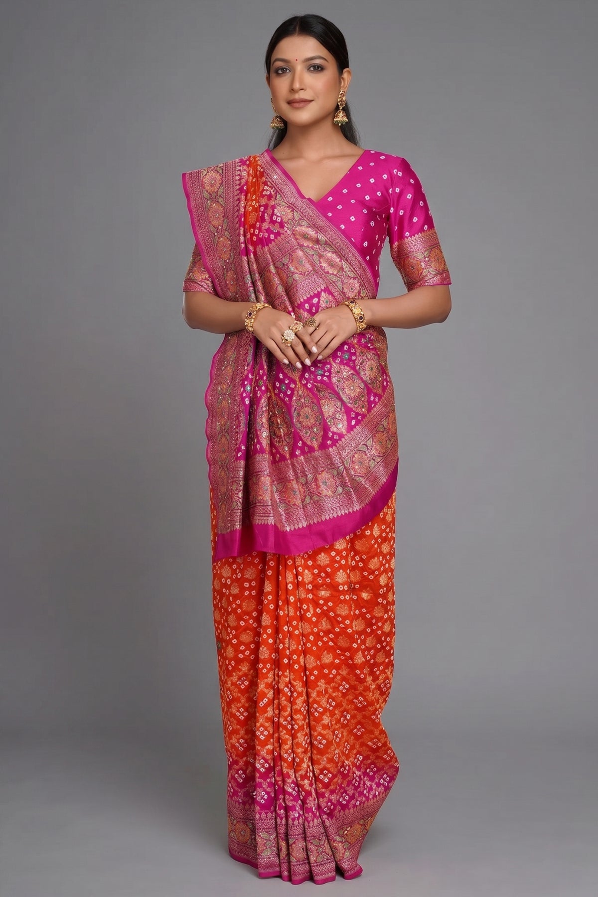 Rani Pink and Orange Bandhej Print Saree in Silk with Contrast Embroidery