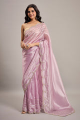 Rose Pink Tissue Cutdana and Sequin Work Saree with Embellished Scallop Border