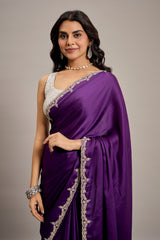 Deep Violet Satin Crepe Silk Saree with Diamond Embellishment Border