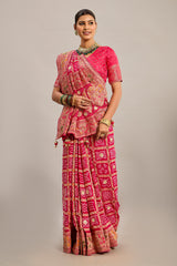 Pink Georgette Checks Bandhej Woven Saree with Pitta and Cutdana Work