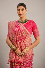 Pink Georgette Checks Bandhej Woven Saree with Pitta and Cutdana Work