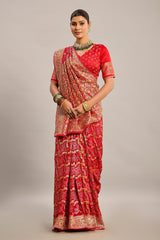 Red Satin Georgette Bandhej Woven Saree with Cutdana and Mirror Work