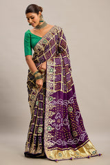 Purple Gaji Silk Checks Bandhej Saree with Pitta Work