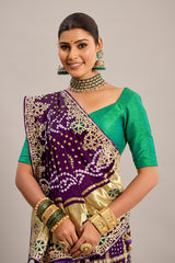 Purple Gaji Silk Checks Bandhej Saree with Pitta Work