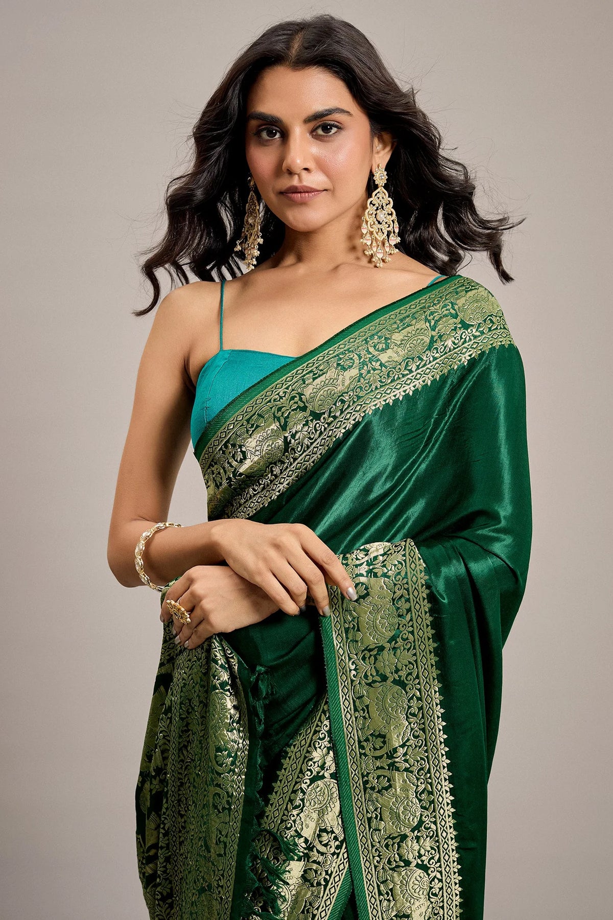Dark Green Satin Silk Saree with Elephant Motifs Border