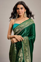 Dark Green Satin Silk Saree with Elephant Motifs Border