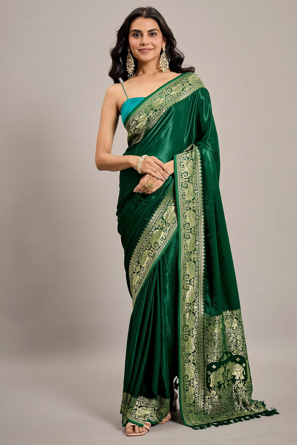 Dark Green Satin Silk Saree with Elephant Motifs Border
