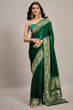 Dark Green Satin Silk Saree with Elephant Motifs Border