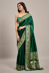 Dark Green Satin Silk Saree with Elephant Motifs Border