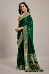 Dark Green Satin Silk Saree with Elephant Motifs Border