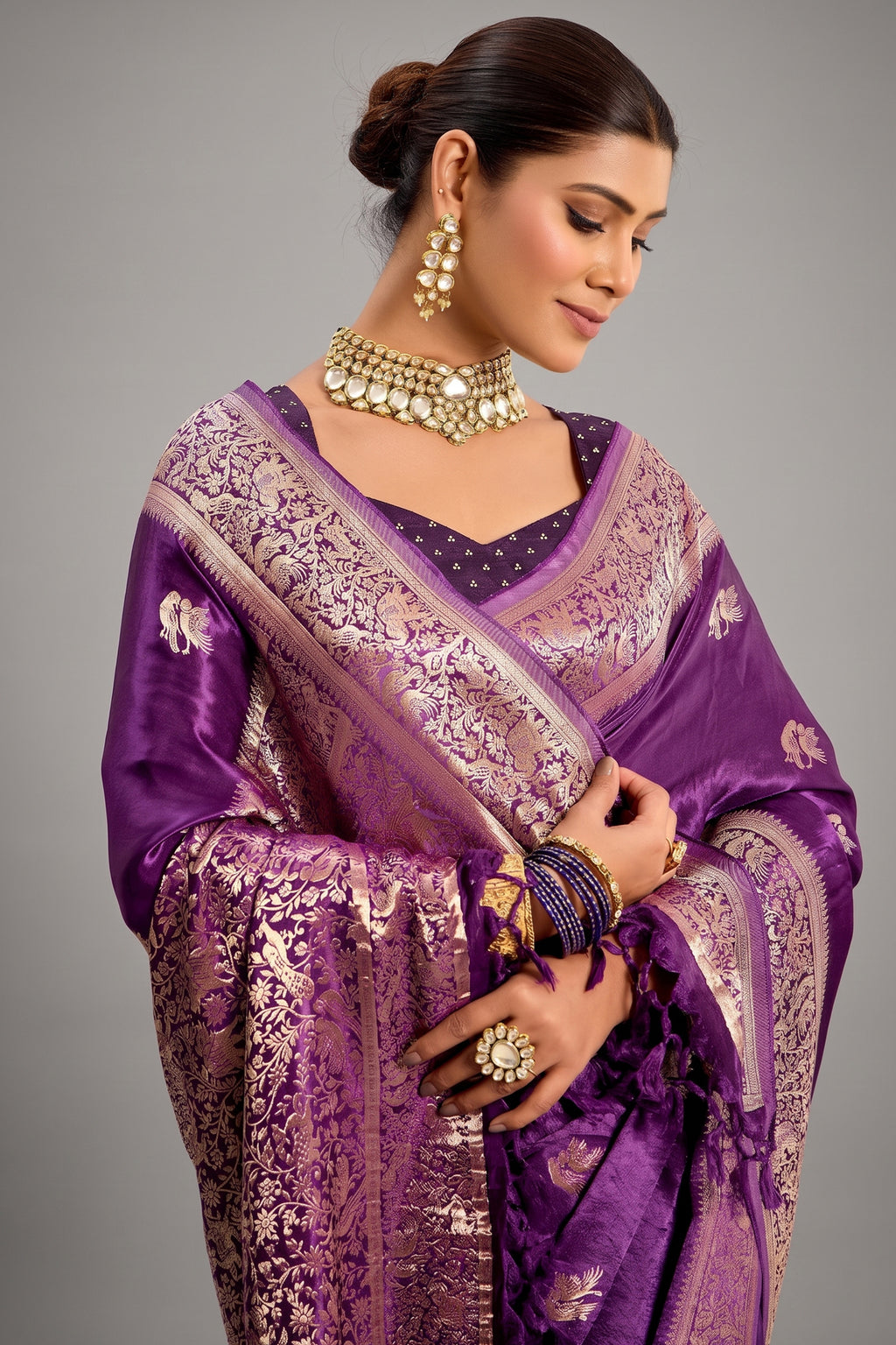 Palatinate Purple Satin Silk Bird and Animal Motif Woven Saree