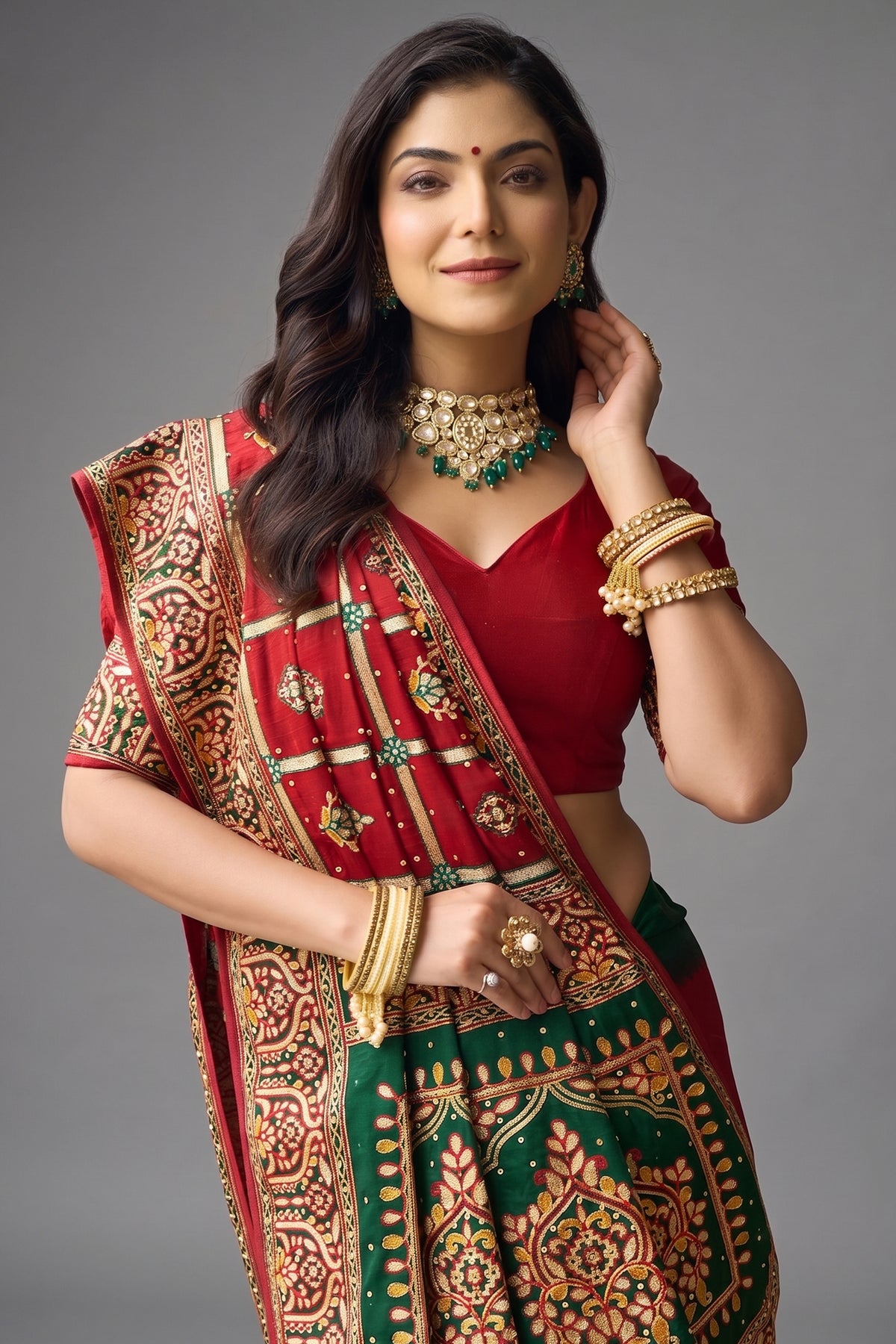 Maroon Semi Silk Checks Embroidered Traditional Gharchola Saree