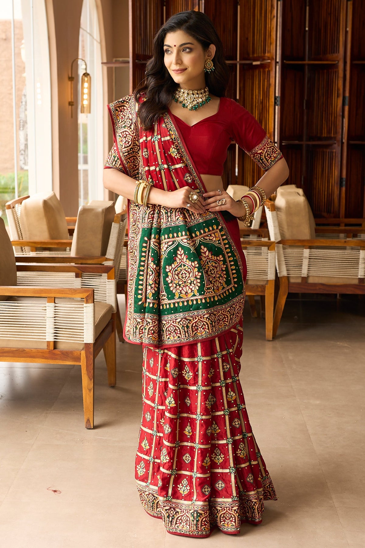 Maroon Semi Silk Checks Embroidered Traditional Gharchola Saree