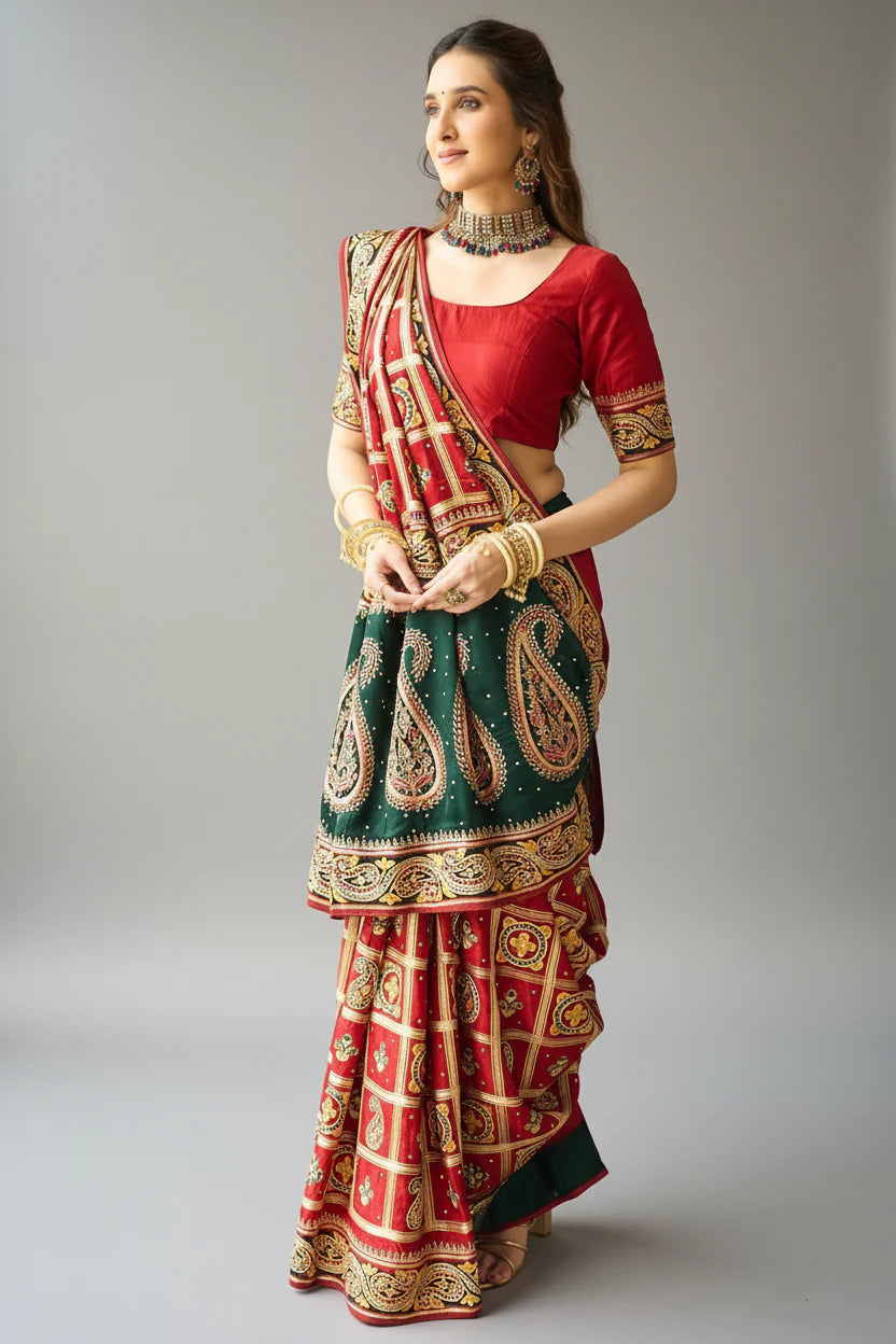 Maroon Semi Silk Checks Embroidered and Paisley Motif Traditonal Gharchola Saree