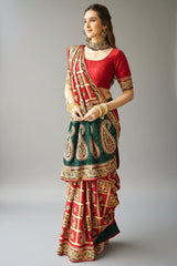 Maroon Semi Silk Checks Embroidered and Paisley Motif Traditonal Gharchola Saree