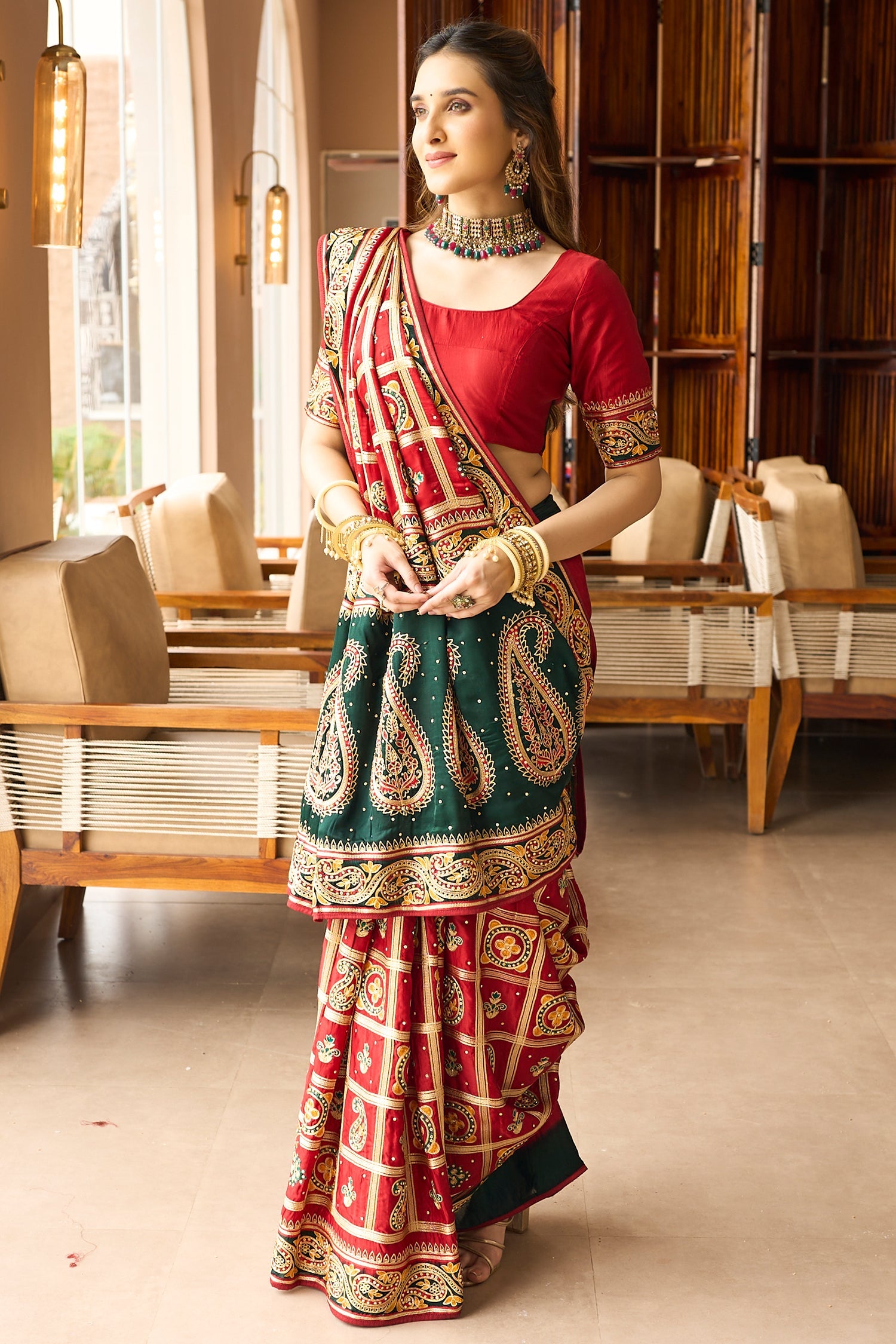 Maroon Semi Silk Checks Embroidered and Paisley Motif Traditonal Gharchola Saree Secondary image