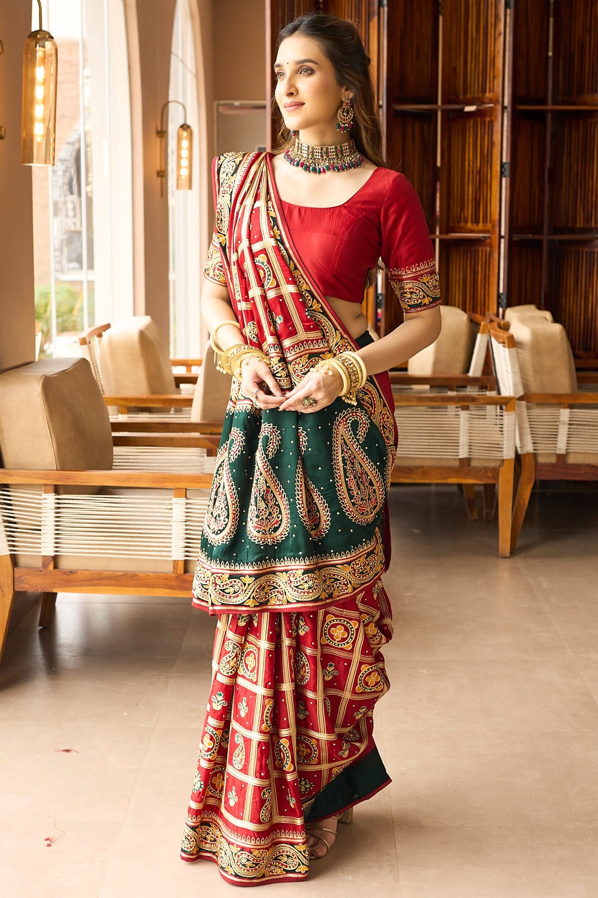 Maroon Semi Silk Checks Embroidered and Paisley Motif Traditonal Gharchola Saree