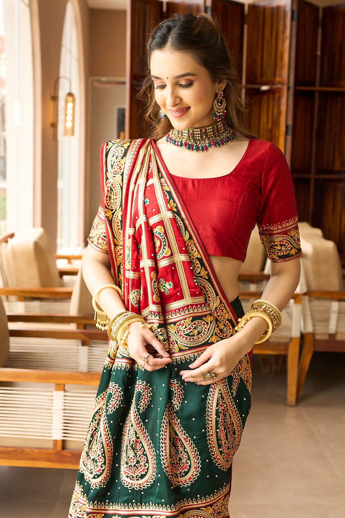 Maroon Semi Silk Checks Embroidered and Paisley Motif Traditonal Gharchola Saree