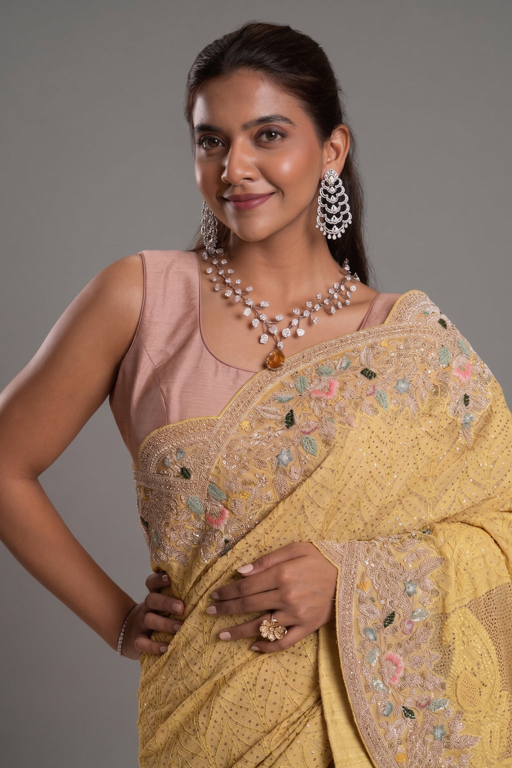 Light Yellow Designer Lucknowi Chikankari and Zardosi Worked Saree with Mukaish Work