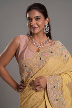 Light Yellow Designer Lucknowi Chikankari and Zardosi Worked Saree with Mukaish Work