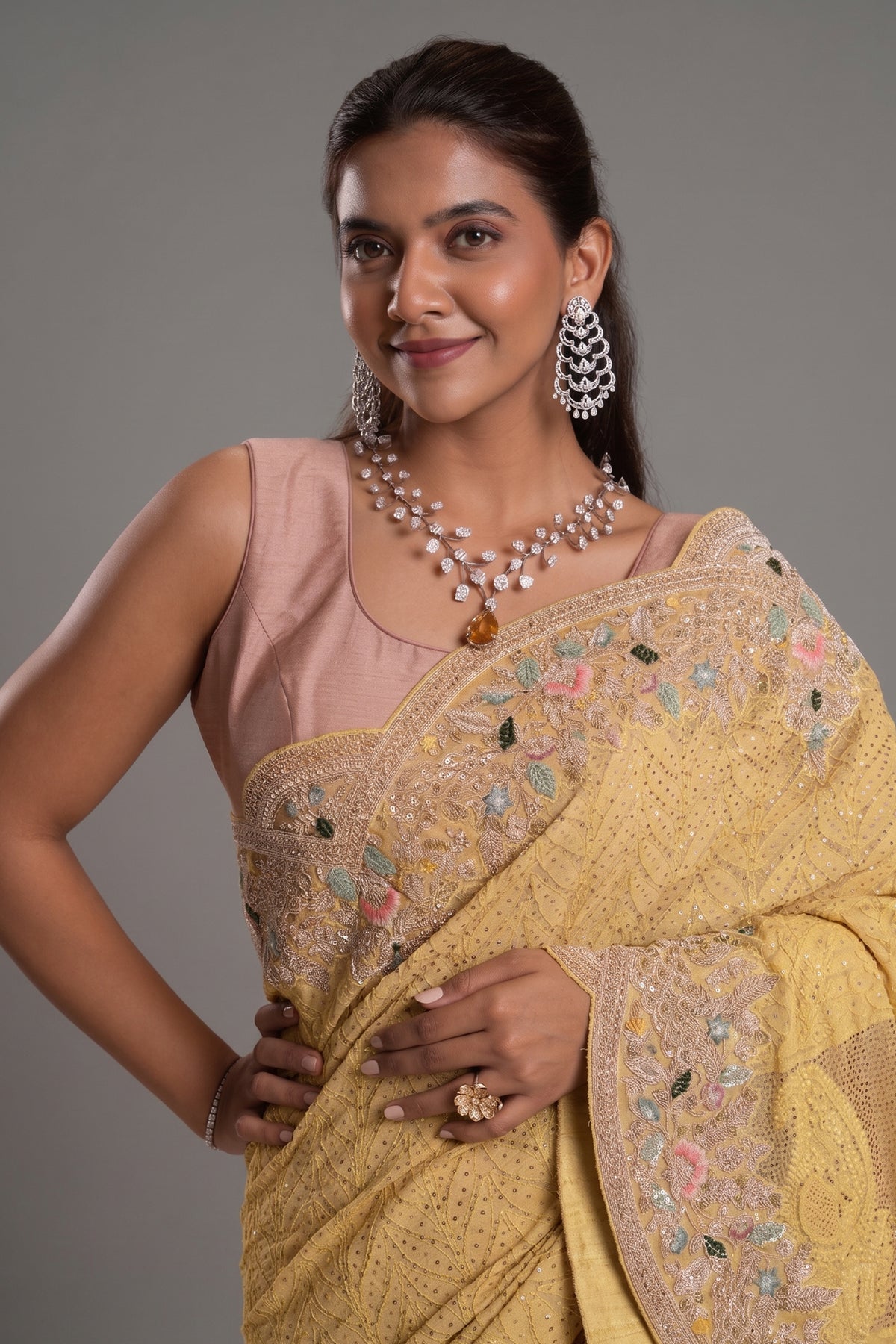 Light Yellow Designer Lucknowi Chikankari and Zardosi Worked Saree with Mukaish Work
