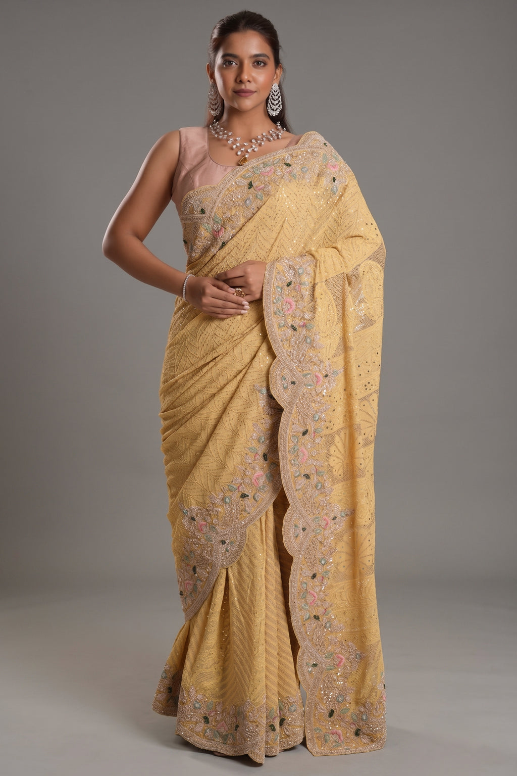 Light Yellow Designer Lucknowi Chikankari and Zardosi Worked Saree with Mukaish Work