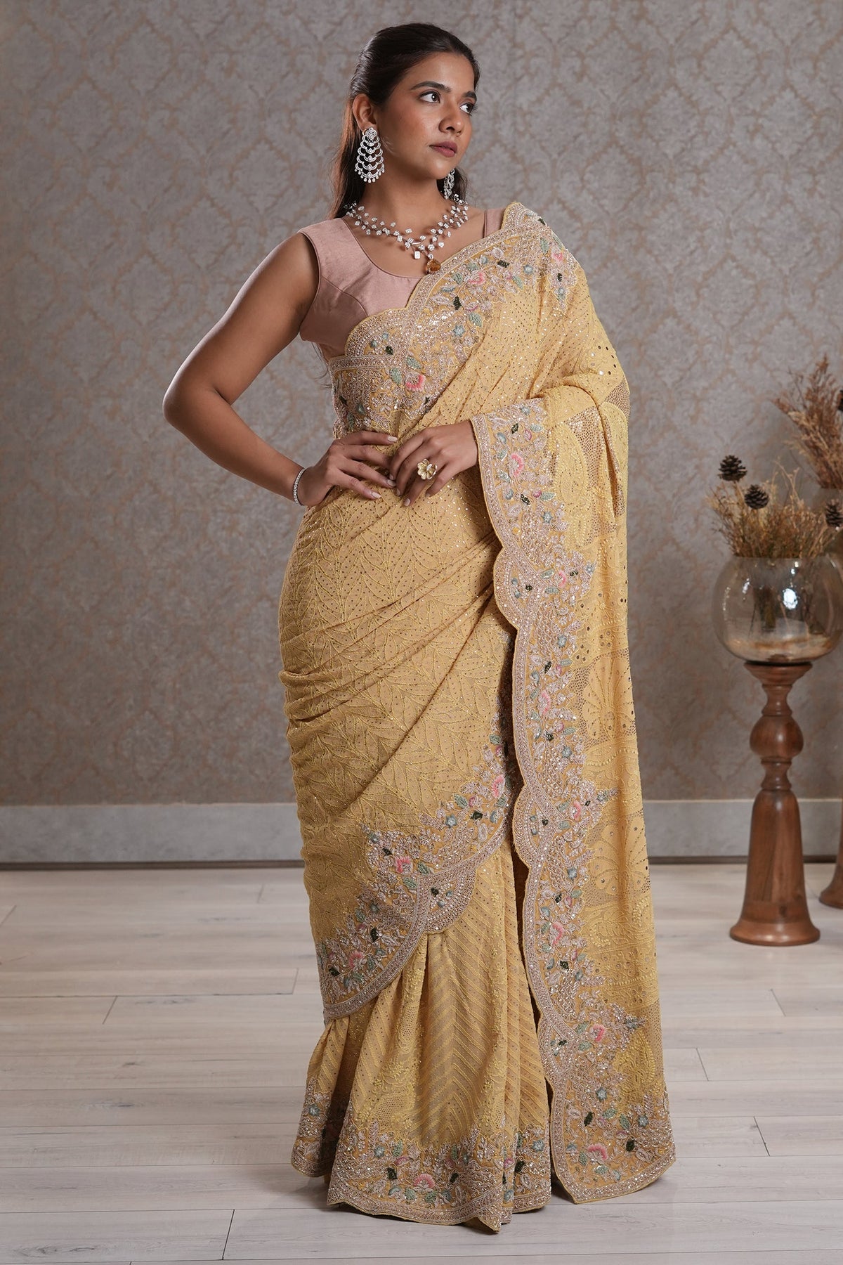Light Yellow Designer Lucknowi Chikankari and Zardosi Worked Saree with Mukaish Work