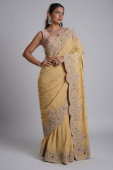 Light Yellow Designer Lucknowi Chikankari and Zardosi Worked Saree with Mukaish Work