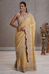 Light Yellow Designer Lucknowi Chikankari and Zardosi Worked Saree with Mukaish Work