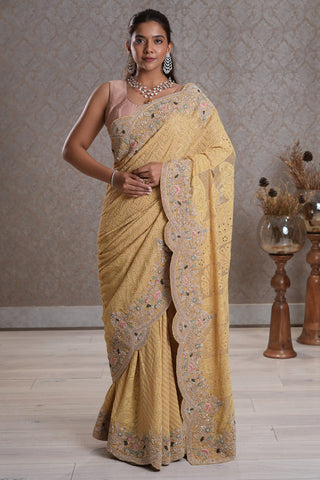 Light Yellow Designer Lucknowi Chikankari and Zardosi Worked Saree with Mukaish Work