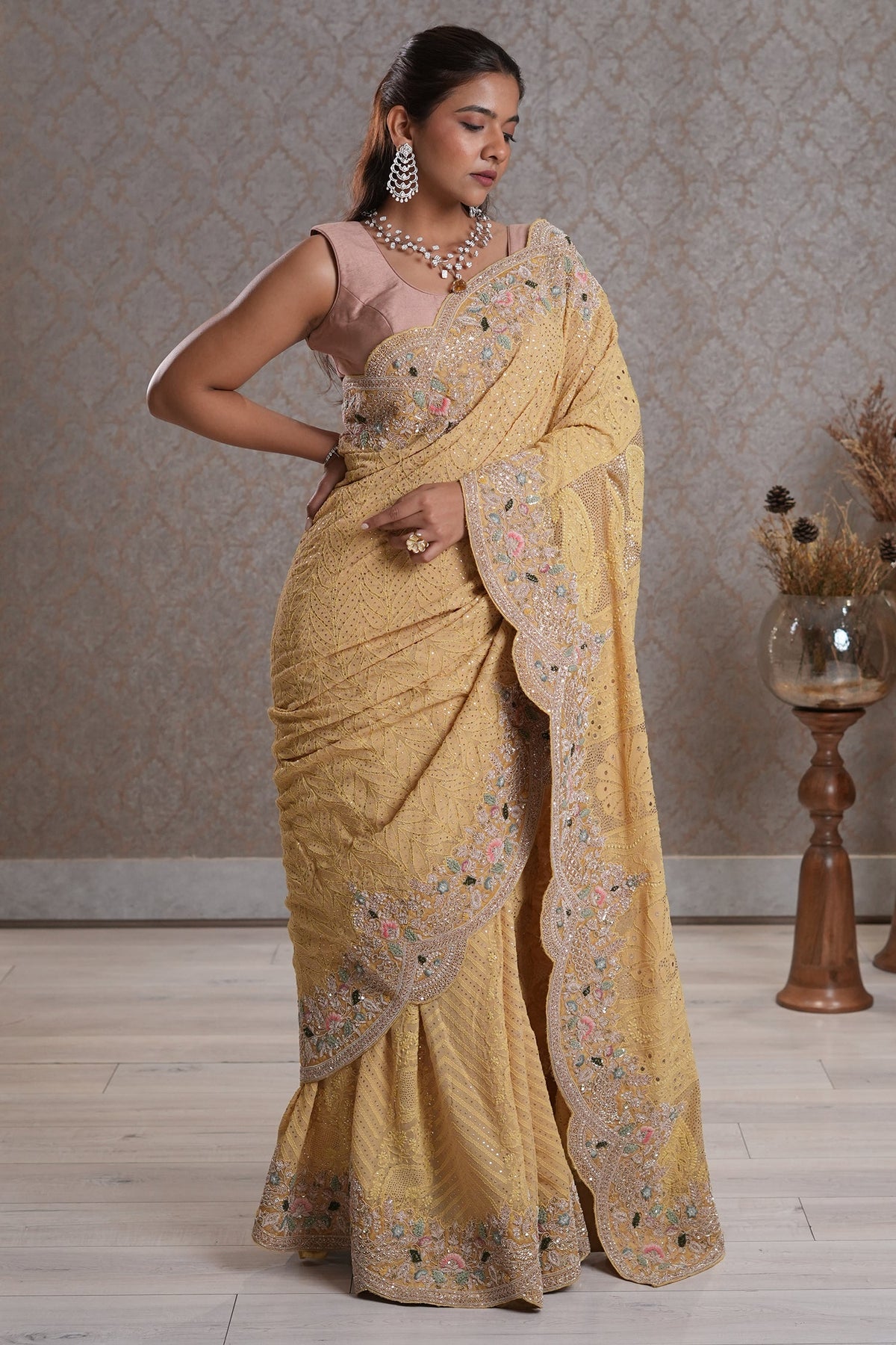 Light Yellow Designer Lucknowi Chikankari and Zardosi Worked Saree with Mukaish Work