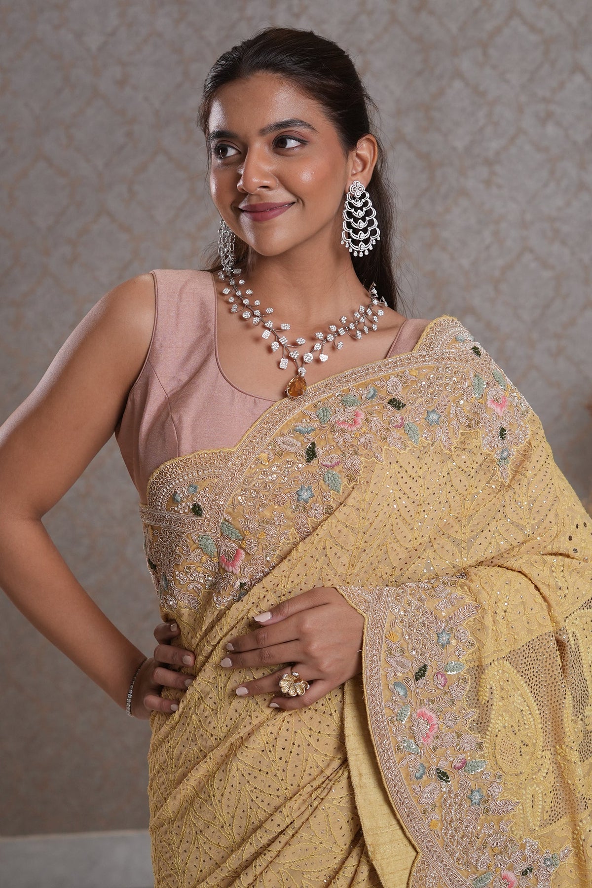 Light Yellow Designer Lucknowi Chikankari and Zardosi Worked Saree with Mukaish Work