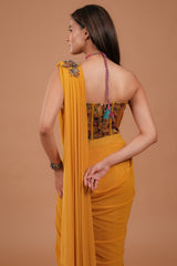 Mustard Yellow Lycra Net Readymade Plain Saree with Patch