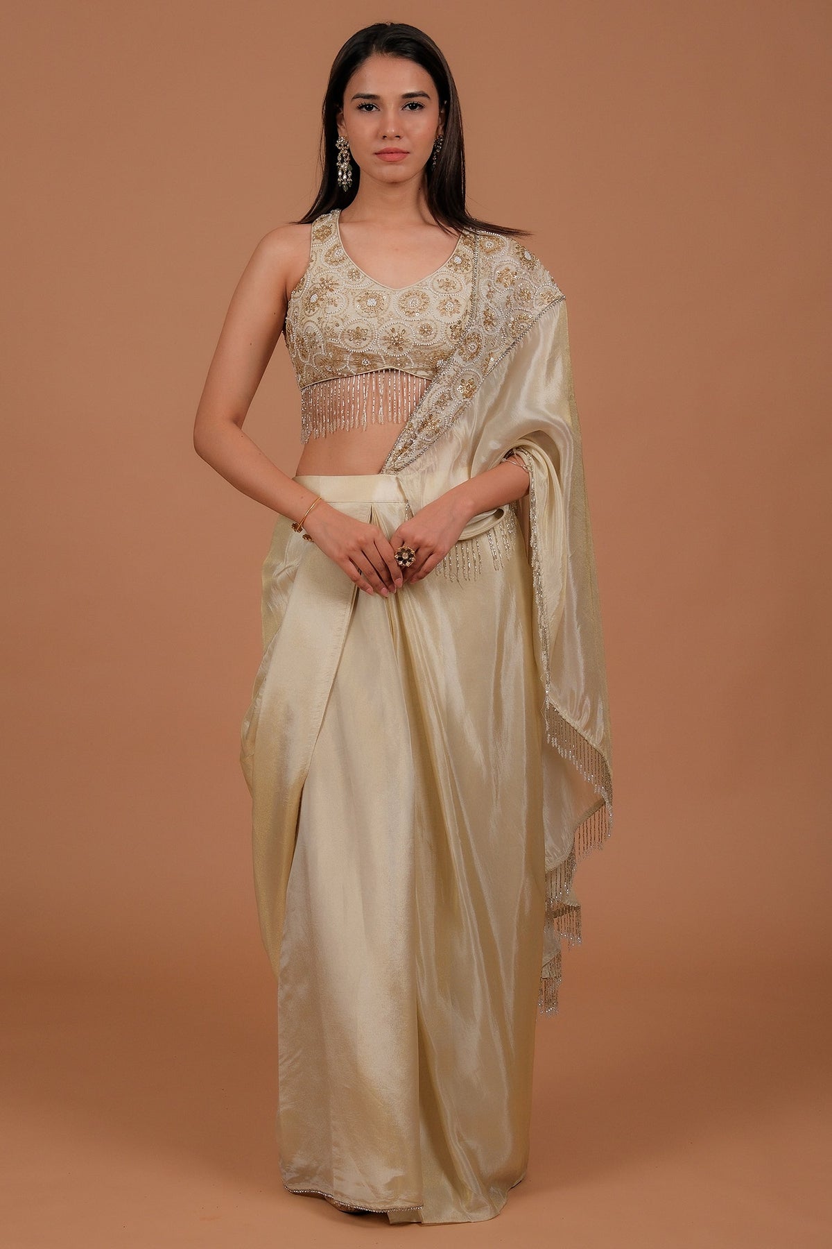 Cream Readymade Tissue Saree