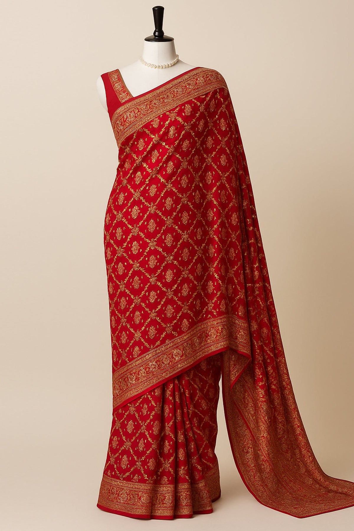 Red Georgette Animal and Bird Motif Woven Checks Bandhej Saree with Sequin Cutdana Work